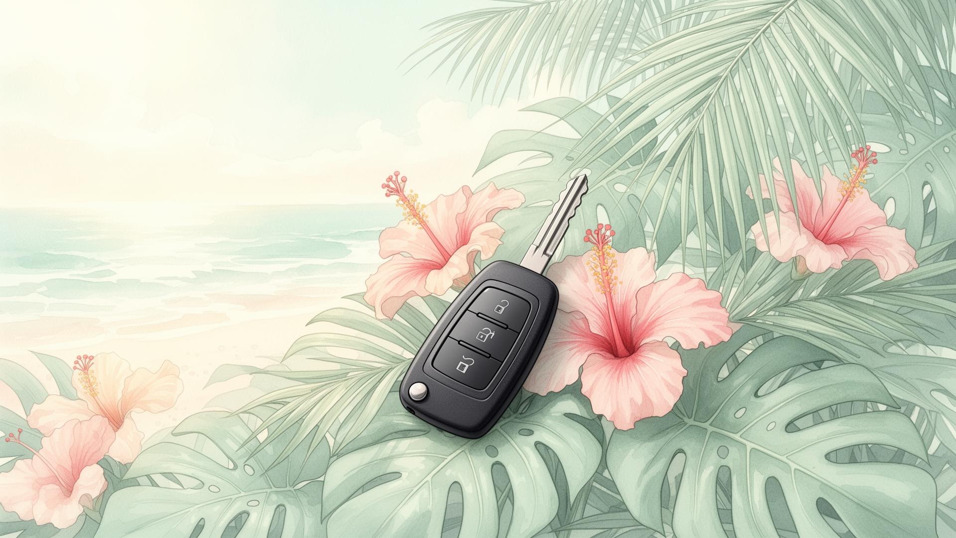 Car key resting on tropical monstera and hibiscus by a pastel green beach